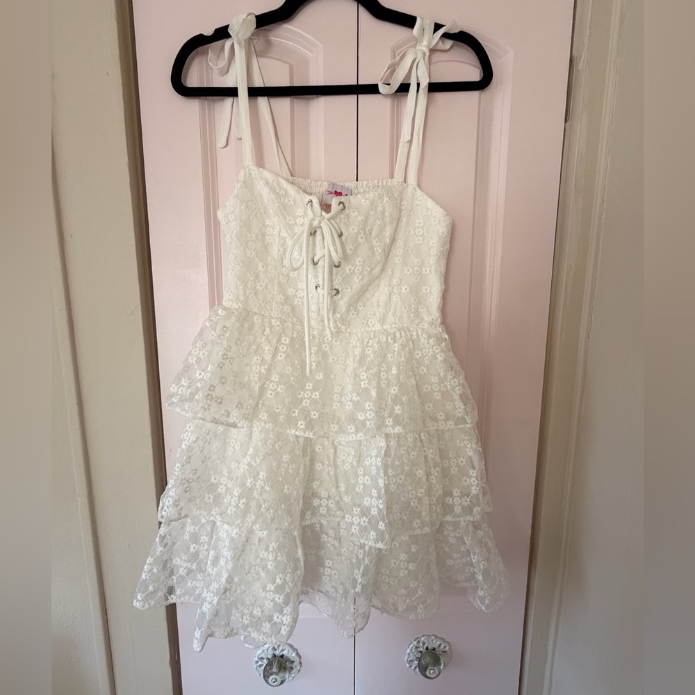 Buddy Love White Lace Tiered Mini Dress with Tie Straps